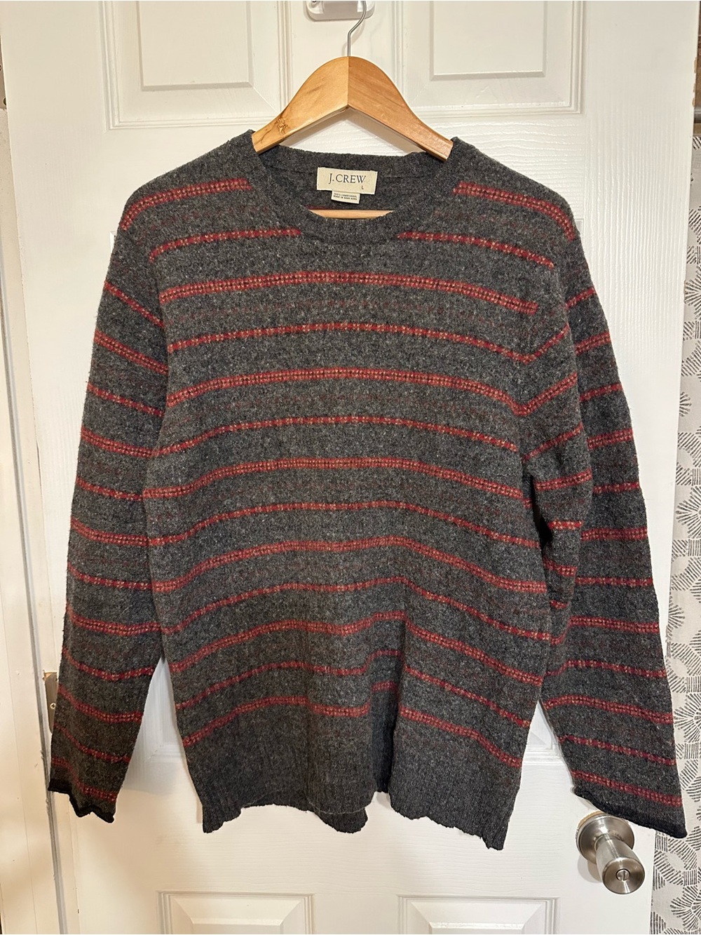VTG J Crew Mens 100% Lambswool Striped Sweater L Gray Red Heritage Cabincore 90s